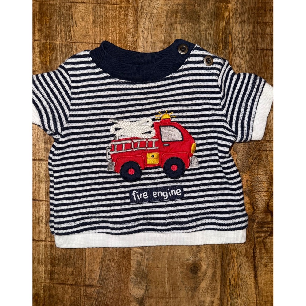 Vintage Baby Q 3-6M Fire Truck Shirt Navy Stripe 3D Applique Y2K Baby Bo